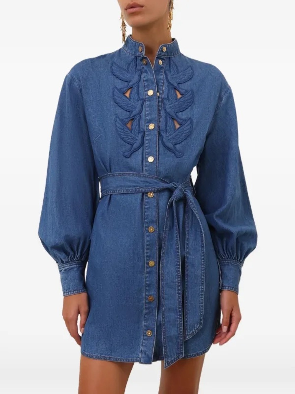 Blue Denim Long-Sleeve Shirt Dress with Belt